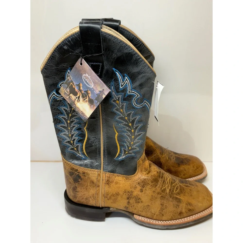 Old West BSY1960 Youth Cowboy Boots Burnt Tan Navy Blue Wide Square Toe 5.5 D